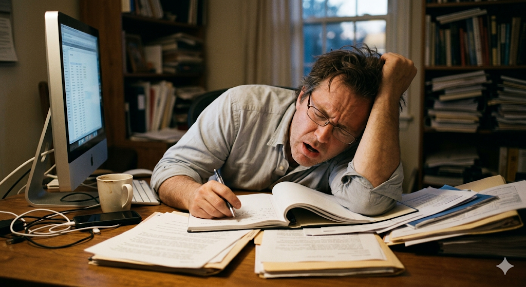 An exhausted man slumped over a cluttered desk, falling asleep mid-task.