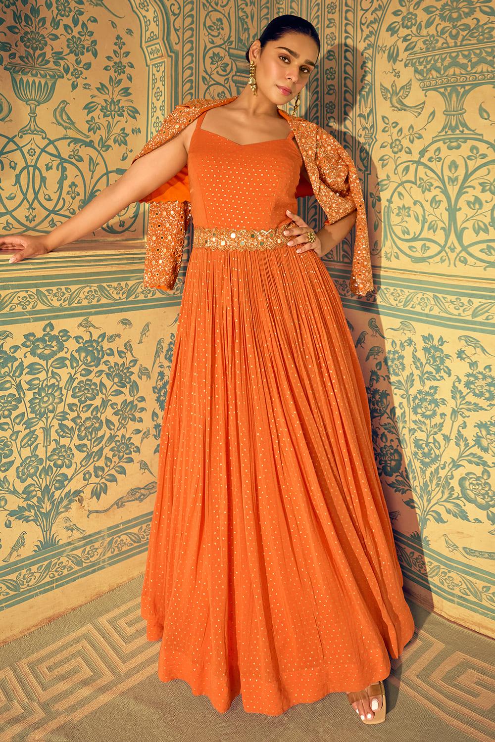 Orange Georgette Embroidered Indowestern Anarkali Dress With Jacket