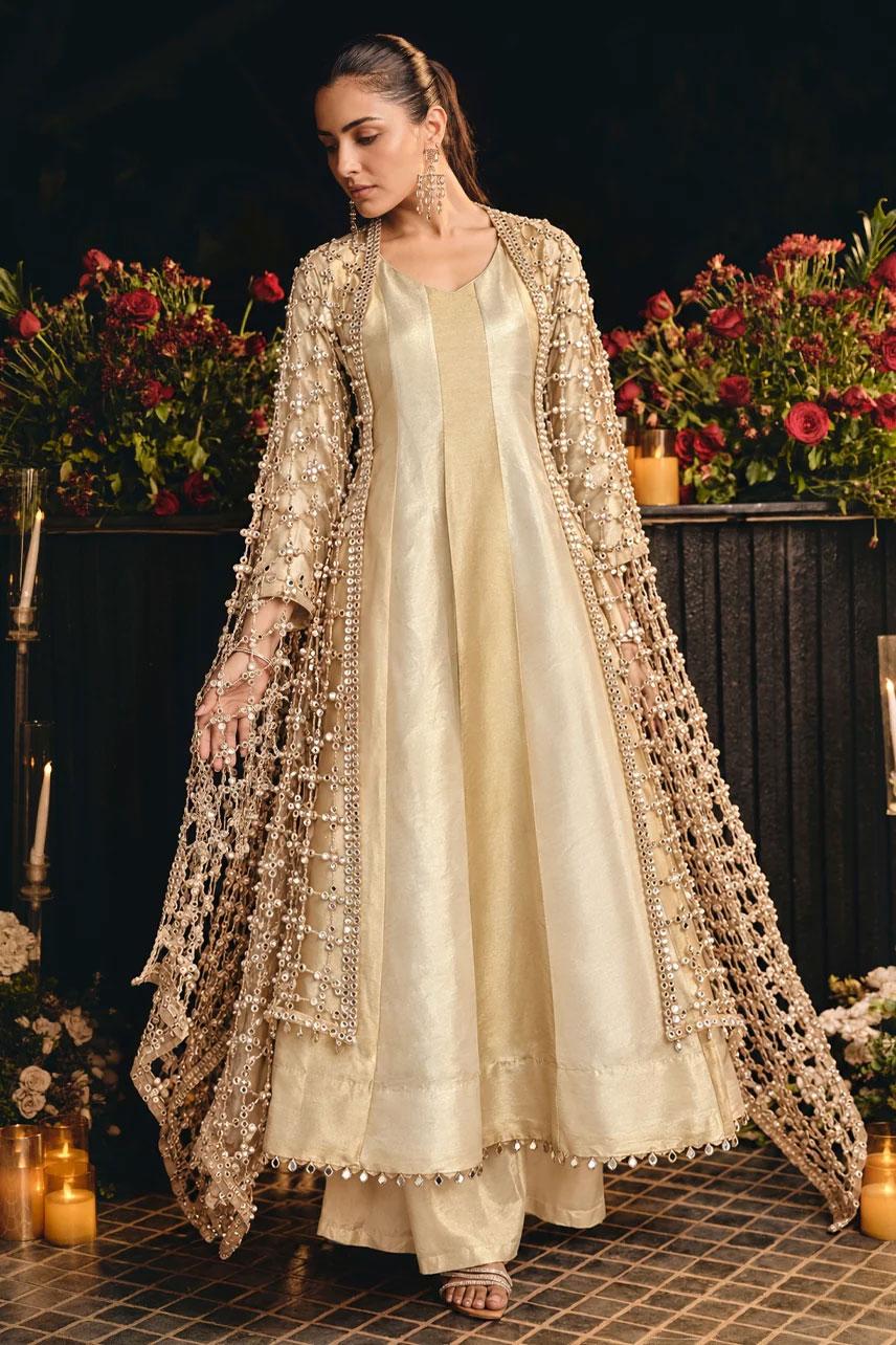 Ivory Gold Kanjivaram Silk Embroidered Anarkali With Palazzo Set