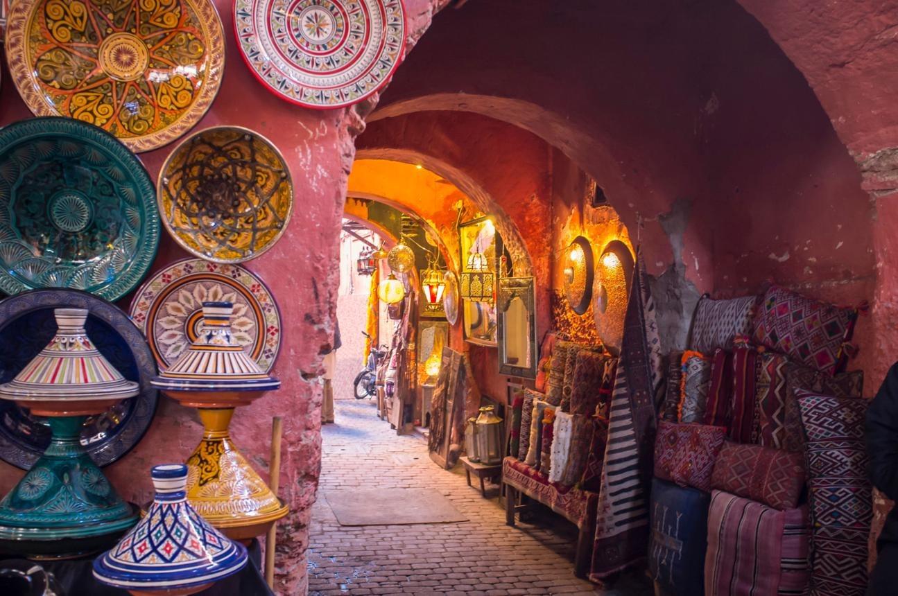 The souks in the medina of Marrakech are a made of a labyrinth of alleyways lined with traders and shops selling traditional arts and crafts.
